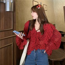 4XL 까지 빅사이즈 쉬폰 블라우스 브이넥 프릴 샤랄라 웨이브 셔츠