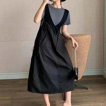 BestStar 여성 여름 루즈핏 캐주얼 면 린넨 멜빵 원피스+반팔 T DC-903