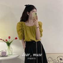 실비 우아 린넨 스트링 주름 러플 스퀘어넥 퍼프 반팔 블라우스 (옐로우 퍼플)