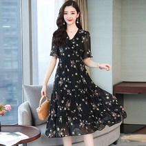 요나걸 여성 원피스 쉬폰원피스 롱원피스 플라워원피스 V넥원피스 A라인스커트 세상 여리여리한 스타일 반팔원피스 봄 여름 여자원피스 + 양말증정