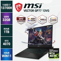 [백팩 증정] 2023년 신제품 MSI Vector GP77 13VG 인텔 13세대 i7-13700H RTX4070 240Hz QHD 노트북, 블랙, 코어i7, 1TB, 32GB, WIN11 Home