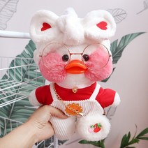 PKTOYS 소녀하트 캐릭터 큐티덕 피규어 숄더 겸 크로스백 깜짝 변신빵빵덕오리인형 옷, 화이트 하트 헤어 벨트 레드 티셔츠 화이트 벨트 바지, 핑크 오리 30cm