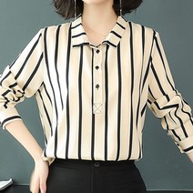 여성 스트라이프 긴팔 카라 블라우스셔츠