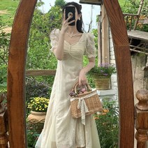 binke프랑스 라운드 레이스 원피스 첫사랑 치마 복고 부드러운 소금 달콤한 치마 선녀 초선 숲 부드러운프랑스식 매콤 거품 소매 a 자 치마 여자 여름 작은 키 리본 반팔