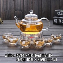 햄볶는스토어 2중잔 6인 유리다기세트 명절 어버이날 집들이 선물 600ml 800ml 티포트 유리잔 모두 포함/ 꽃차(육수다시) 티백 10개 사은품 증정, 세트2)티포트+유리잔6개+하트받침대