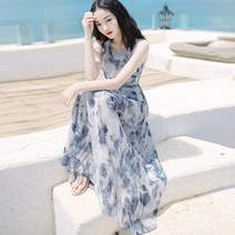 도매 2022 새로운 기질 여성 여름 비치 스커트 잉크 페인팅 조끼 긴 스커트 보헤미안 드레스 여성