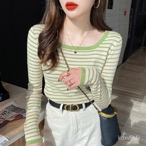 ANYOU 니트얇은 봄과 가을 새로운 긴 소매 프렌치 스퀘어 넥 탑으로 줄무늬 슬림 니트 백킹 셔츠 캐시미어니트