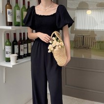 당일배송 검정 스퀘어넥 반팔 퍼프소매 점프수트 여름 데일리 바캉스 휴양지룩 (블랙)