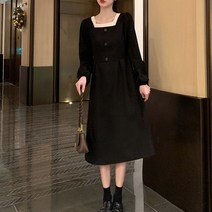 블링앤수 여성 배색 스퀘어넥 단추 롱 원피스 KZZ359