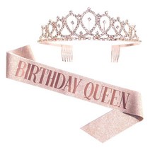 앤드유 티아라 왕관 생일축하 어깨띠 생일파티 장식 소품 파티용품 세트, 1세트, 01.로즈골드 퀸