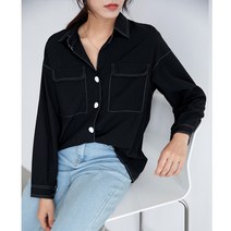 봄 및 투포켓 컬러 라인 장식 홍콩미 차가운 바람 순색 긴팔 블라우스 여
