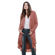여성용 러플 비대칭 롱 벨벳 블레이저 코트 캐주얼 재킷 핑크 Small