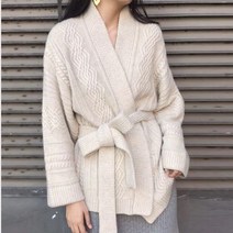 여성 가을 겨울 브이넥 꽈배기 허리끈 하프 가디건