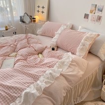 봄/여름 시즌 크림 컬러 코튼 워싱 코튼 4종 세트 신선한 이불 커버 침대 스커트 더블 레이스 레이스 침구