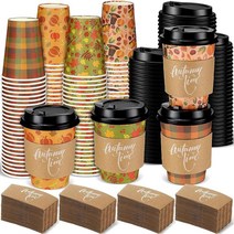 Mumufy 할로윈 일회용 커피 컵 200세트 뚜껑 포함 슬리브 355ml(12온스) 종이컵 플라스틱 파티 저녁 식사 음료 용품 350662, Leaves