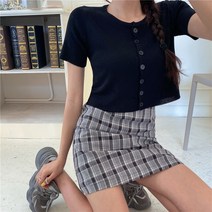 리얼 샷 실제 가격 스폿 모든 매치 슬리밍 니트 블랙 카디건 + 높은 허리 격자 무늬 치마 정장