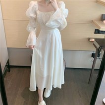 스퀘어넥 러블리 프릴 퍼프 롱 플레어 원피스