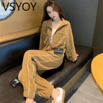 vsyoy 가을 의상 하이 엔드 센스 지퍼 코트 바지 투피스 정장 여성 대학 스타일 패션 브랜드 느슨한 슬림 수트 세트