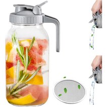 Glyntrof Mason Jar 유리 투수 64온스 헤비 듀티 필터 워터 주전자 주둥이 포함 보관용 손잡이 뚜껑 콜드브루 커피 얼음 음료 아이스 우유 주스 레모네이드 선티 과일, 64OZ