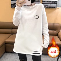 면화 바닥 셔츠 흰색 여성용 긴팔 티셔츠 초가을면 대형 롱 티셔츠 재킷 착용