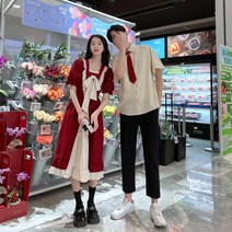 신혼여행 커플룩 허니문 원피스 커플티 휴양지 바캉스 시밀러룩 여름 커플 복장 프랑스 스타일 연령 감소 공주 드레스 레드 레트로 반팔 셔츠 프레피 셔츠 남성 정장