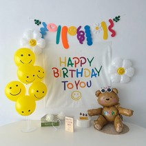 하피블리 스마일 풍선 곰돌이초 패브릭현수막 생일파티용품 세트, 생일가랜드A
