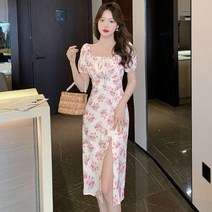 여성 봄여름 핑크 플라워 스퀘어넥 셔링 탑 원피스 프렌치 슬릿 절개 퍼프 소매 스커트