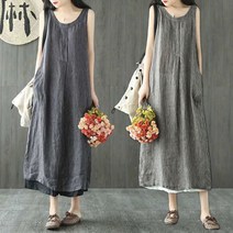 여성 면마 원피스 루즈핏 스트라이프 민소매 롱 스커트 문예 여름 린넨 원피스 빅사이즈