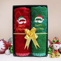 고급 뱀부얀 산타 자수 크리스마스 타올2매 선물세트 (박스+쇼핑백+포장리본) 30수 160g, 1세트, 레드+그린