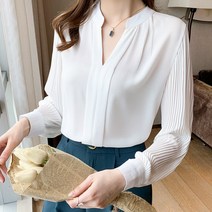 도니와 여성 차이나 카라 브이넥 플리츠 소매 블라우스 모테니 101