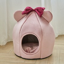리본 고양이 쿠션 하우스 동굴 보온성 아늑한 숨숨집, 핑크_고양이집 담요 세트