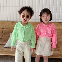 미소파파 아동 남녀공용 봄신상 네온 체크 둥근카라 셔츠 형광 거즈 여름 에어컨 블라우스