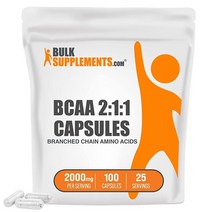 벌크서플리먼트 BCAA 분지 사슬 필수 아미노산 분말 100캡슐, 100 Count (Pack of 1)