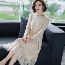 빅사이즈원피스 가을겨울용 특대형 mm여성의류 보통길이 니트 원피스 레이스 슬림핏 스웨터 언더셔츠 뚱뚱한여자