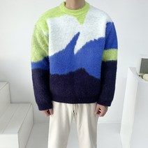 남자 모헤어 앙고라 브러쉬 파스텔 카모 배색 헤비 라운드 니트3color