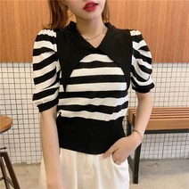 나루니 W04400 줄무늬 와이드카라 넓은카라넥 반팔티 티셔츠 버블소매 스프라이트 여름 3컬러 트렌디