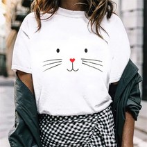 캐릭터 고양이 얼굴 프린트 티셔츠 반팔 O넥 티셔츠