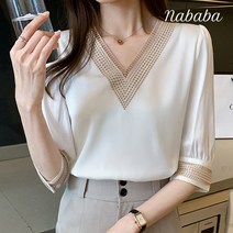나바바 NB436 메인 복고풍 브이넥 5부 블라우스