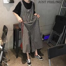 JUST FEEL!NG 여성 트렌디 린넨 통 점프수트 체크 와이드 팬츠 편안한 캐주얼 빅사이즈 슬랙스 멀빵 바지