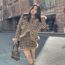 [Lazadafei]여성 겨울 페이크 퍼 카키 하운드 체크 트위드 자켓 미니 스커트 투피스 셋업