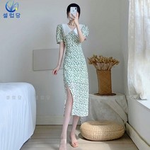 셀럽당 원피스 여 슬림핏 트임 쉬폰 그린 플라워 원피스
