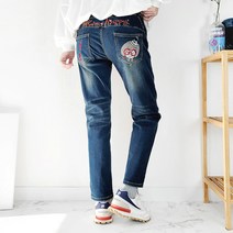 103st 여성 융기모 본딩 겨울 밴딩 배기 청바지 캐릭터 자수 진청