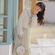 KORELAN 원래 작은 신선 네이비 칼라 탑 걸 매우 요정 투피스 서양식 중간 스커트