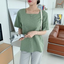 네쥬 여성 여름 스퀘어넥 무지 데일리 반팔 티셔츠