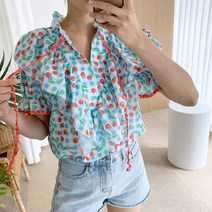 요시아나 [당일발송] 체리 체크 퍼프소매 블라우스 -2컬러