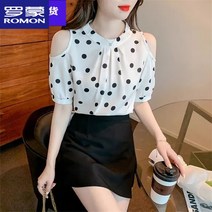 오프숄더블라우스 휴양지 비치 라몽프리미엄초선도트오픈숄더쉬폰반팔셔츠여디자인소중하복 패션양기상의 핑크 쉬폰도트 M95근내