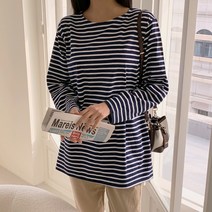 로로텐 스트라이프 티셔츠 긴팔 라운드넥 기본핏 여성 빅사이즈