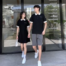 단가라 원피스 커플룩 블랙 남녀 여름 슬림 반팔티 캐주얼 휴가패션