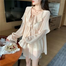 퐁순싸롱 루즈핏 브이넥 레이스 프릴 쉬폰 롱 블라우스 SH