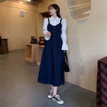 청데님원피스브이넥원피스멜빵데님 여성 멜빵 허리 빅 사이즈 봄 원피스 날씬해 보임